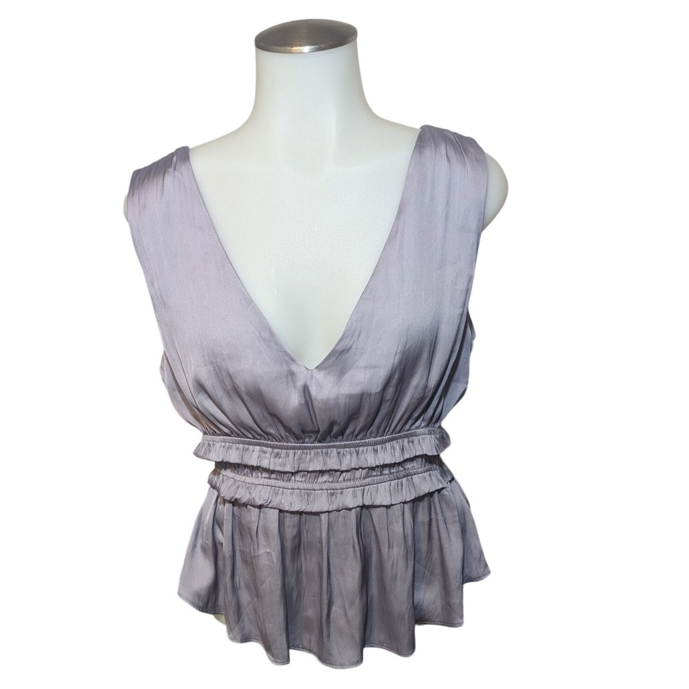 Storia Peplum Top Women Medium Lavender Grey Excellent Smocked Open Back‎